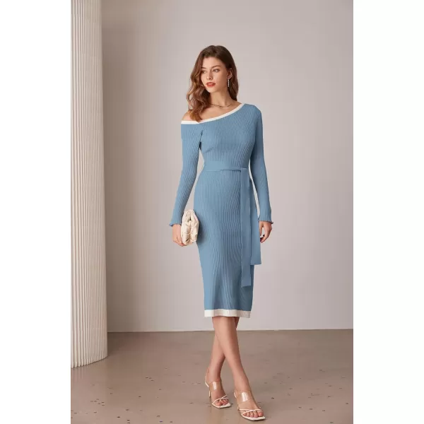 GRACE KARIN Womens 2024 Fall Sweater Dress One Shoulder Long Sleeve Ribbed Knit Tie Waist Casual Bodycon Midi DressesGray Blue