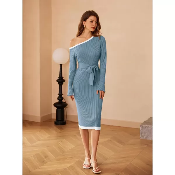 GRACE KARIN Womens 2024 Fall Sweater Dress One Shoulder Long Sleeve Ribbed Knit Tie Waist Casual Bodycon Midi DressesGray Blue