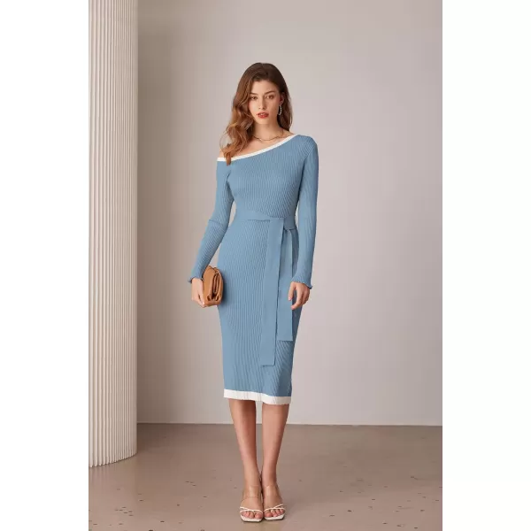 GRACE KARIN Womens 2024 Fall Sweater Dress One Shoulder Long Sleeve Ribbed Knit Tie Waist Casual Bodycon Midi DressesGray Blue