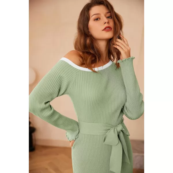 GRACE KARIN Womens 2024 Fall Sweater Dress One Shoulder Long Sleeve Ribbed Knit Tie Waist Casual Bodycon Midi DressesLight Gray Green