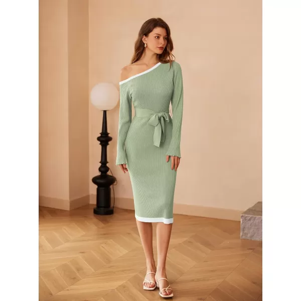 GRACE KARIN Womens 2024 Fall Sweater Dress One Shoulder Long Sleeve Ribbed Knit Tie Waist Casual Bodycon Midi DressesLight Gray Green