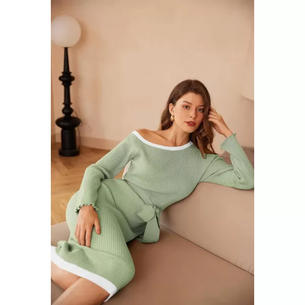 GRACE KARIN Womens 2024 Fall Sweater Dress One Shoulder Long Sleeve Ribbed Knit Tie Waist Casual Bodycon Midi DressesLight Gray Green