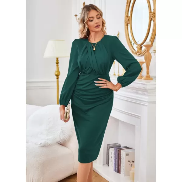 GRACE KARIN Womens Ruched Bodycon Dress Mesh Long Sleeve Front Drape Patchwork Crew Neck Midi Cocktail DressBlue Green