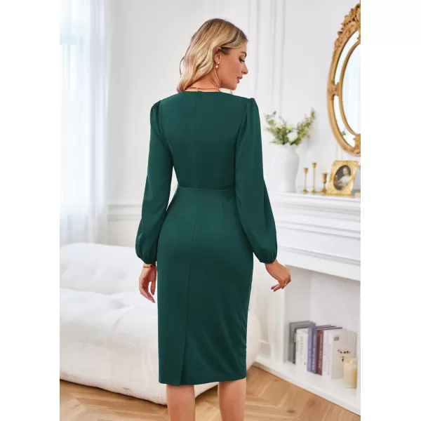 GRACE KARIN Womens Ruched Bodycon Dress Mesh Long Sleeve Front Drape Patchwork Crew Neck Midi Cocktail DressBlue Green