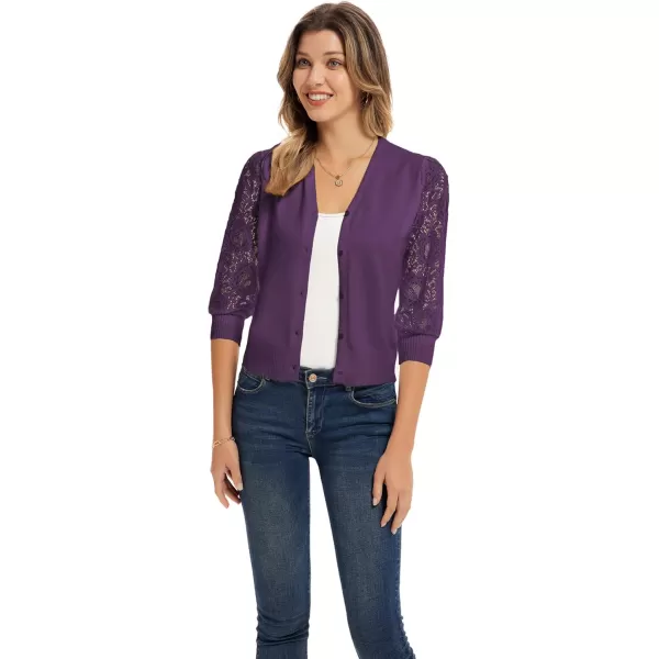 GRACE KARIN Womens Summer Cardigan Lightweight V Neck Lace 34 Sleeve Button Front SweatersDark Purple