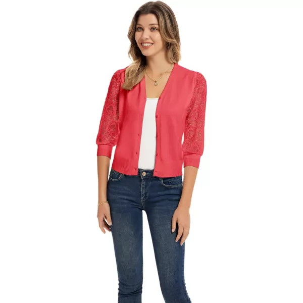 GRACE KARIN Womens Summer Cardigan Lightweight V Neck Lace 34 Sleeve Button Front SweatersWatermelon Red