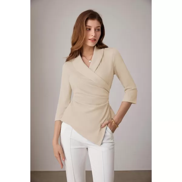 GRACE KARIN Womens V Neck Casual Work Tops 34 Sleeve Office Dressy Blouse Top Asymmetrical Elegant ShirtsApricot