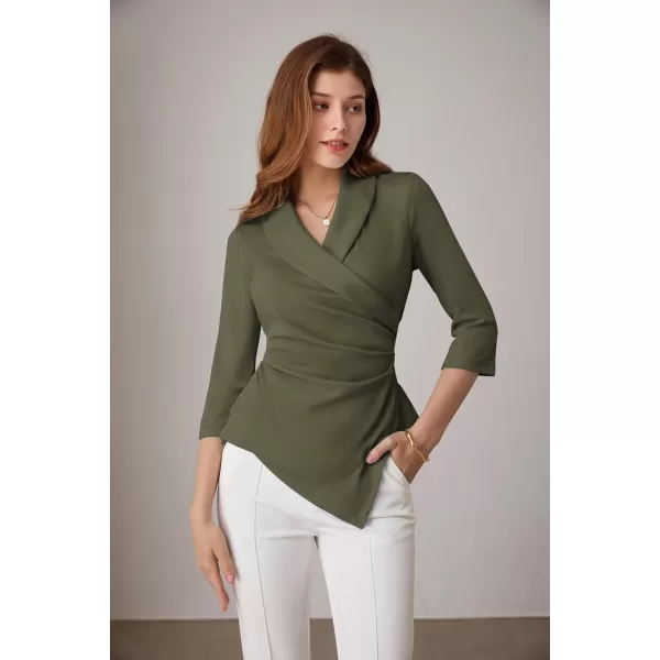 GRACE KARIN Womens V Neck Casual Work Tops 34 Sleeve Office Dressy Blouse Top Asymmetrical Elegant ShirtsArmy Green