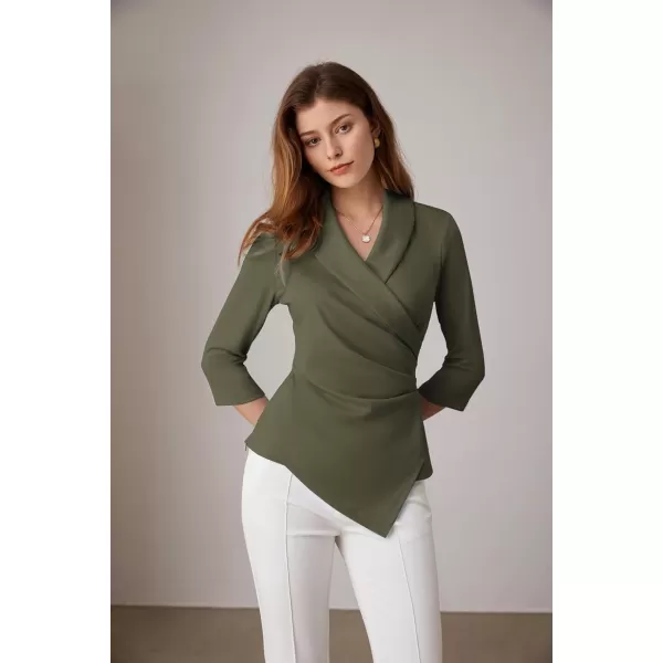 GRACE KARIN Womens V Neck Casual Work Tops 34 Sleeve Office Dressy Blouse Top Asymmetrical Elegant ShirtsArmy Green