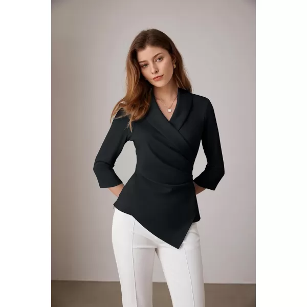 GRACE KARIN Womens V Neck Casual Work Tops 34 Sleeve Office Dressy Blouse Top Asymmetrical Elegant ShirtsBlack