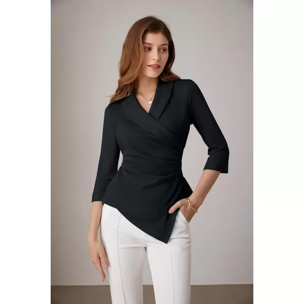 GRACE KARIN Womens V Neck Casual Work Tops 34 Sleeve Office Dressy Blouse Top Asymmetrical Elegant ShirtsBlack