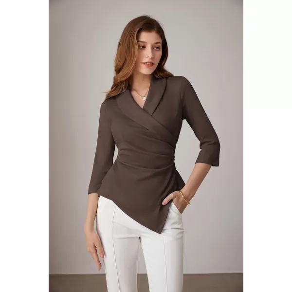 GRACE KARIN Womens V Neck Casual Work Tops 34 Sleeve Office Dressy Blouse Top Asymmetrical Elegant ShirtsBrown