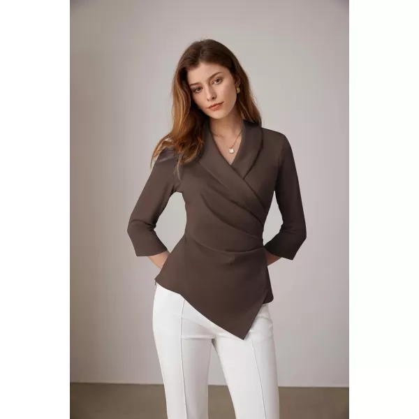 GRACE KARIN Womens V Neck Casual Work Tops 34 Sleeve Office Dressy Blouse Top Asymmetrical Elegant ShirtsBrown