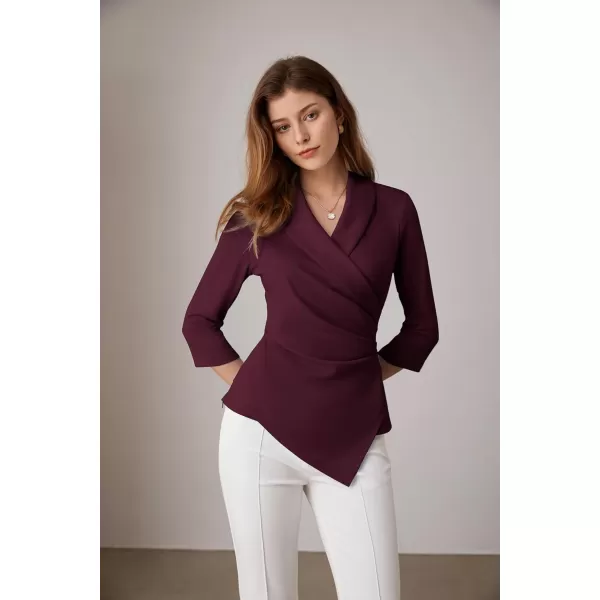 GRACE KARIN Womens V Neck Casual Work Tops 34 Sleeve Office Dressy Blouse Top Asymmetrical Elegant ShirtsDark Red