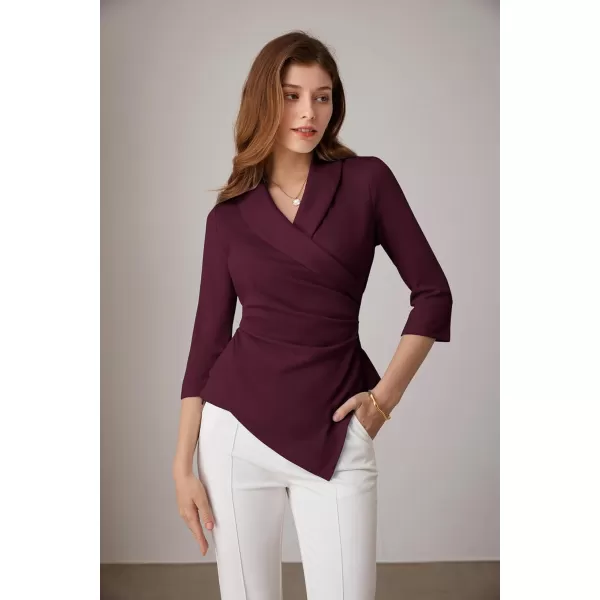 GRACE KARIN Womens V Neck Casual Work Tops 34 Sleeve Office Dressy Blouse Top Asymmetrical Elegant ShirtsDark Red