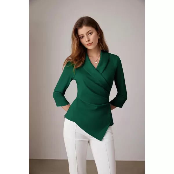 GRACE KARIN Womens V Neck Casual Work Tops 34 Sleeve Office Dressy Blouse Top Asymmetrical Elegant ShirtsGreen