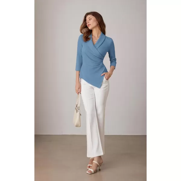 GRACE KARIN Womens V Neck Casual Work Tops 34 Sleeve Office Dressy Blouse Top Asymmetrical Elegant ShirtsGrey Blue