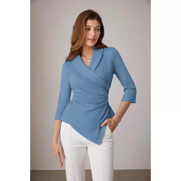 GRACE KARIN Womens V Neck Casual Work Tops 34 Sleeve Office Dressy Blouse Top Asymmetrical Elegant ShirtsGrey Blue