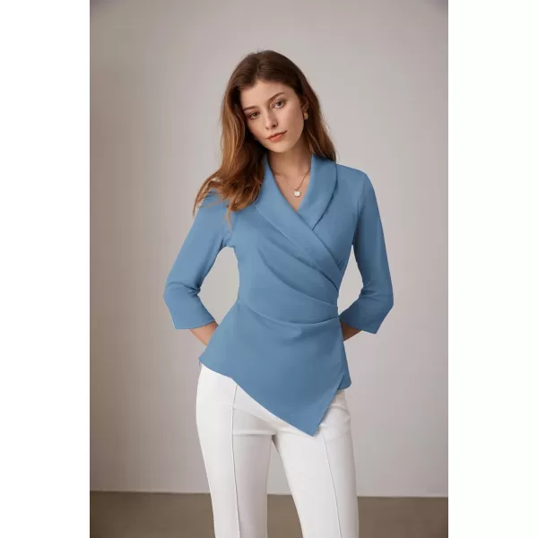 GRACE KARIN Womens V Neck Casual Work Tops 34 Sleeve Office Dressy Blouse Top Asymmetrical Elegant ShirtsGrey Blue