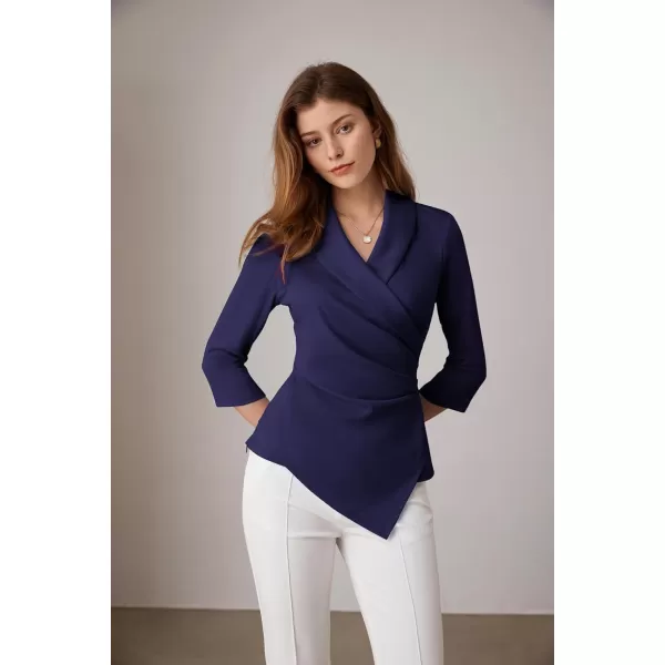 GRACE KARIN Womens V Neck Casual Work Tops 34 Sleeve Office Dressy Blouse Top Asymmetrical Elegant ShirtsNavy Blue