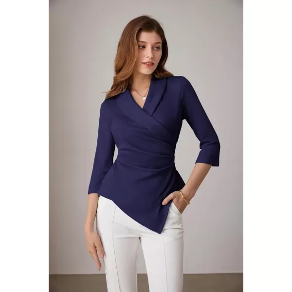 GRACE KARIN Womens V Neck Casual Work Tops 34 Sleeve Office Dressy Blouse Top Asymmetrical Elegant ShirtsNavy Blue