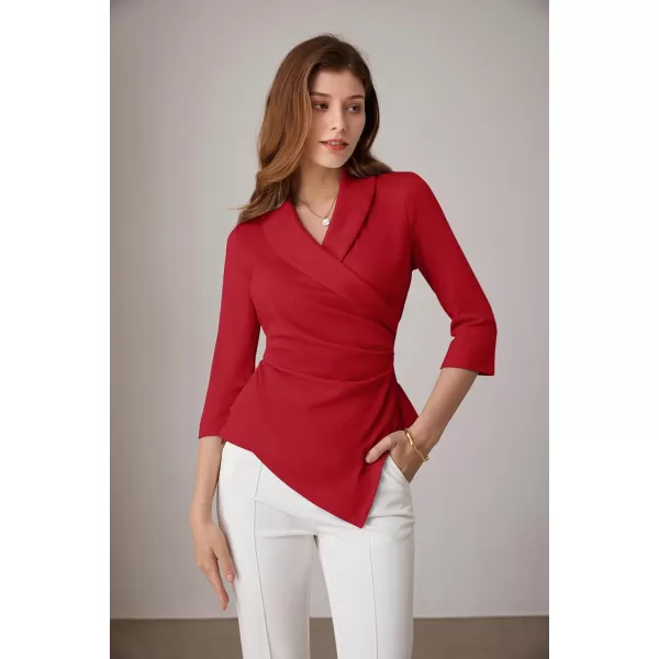 GRACE KARIN Womens V Neck Casual Work Tops 34 Sleeve Office Dressy Blouse Top Asymmetrical Elegant ShirtsRed