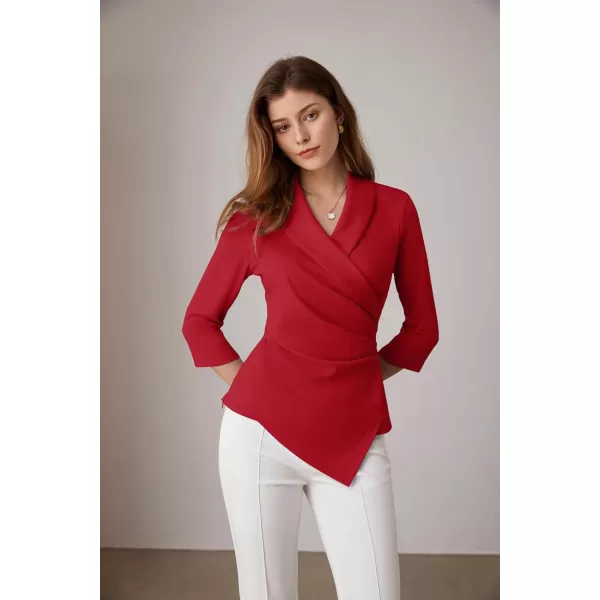 GRACE KARIN Womens V Neck Casual Work Tops 34 Sleeve Office Dressy Blouse Top Asymmetrical Elegant ShirtsRed