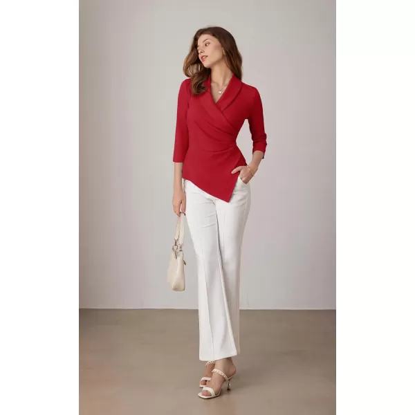 GRACE KARIN Womens V Neck Casual Work Tops 34 Sleeve Office Dressy Blouse Top Asymmetrical Elegant ShirtsRed