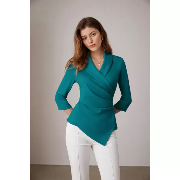 GRACE KARIN Womens V Neck Casual Work Tops 34 Sleeve Office Dressy Blouse Top Asymmetrical Elegant ShirtsTeal