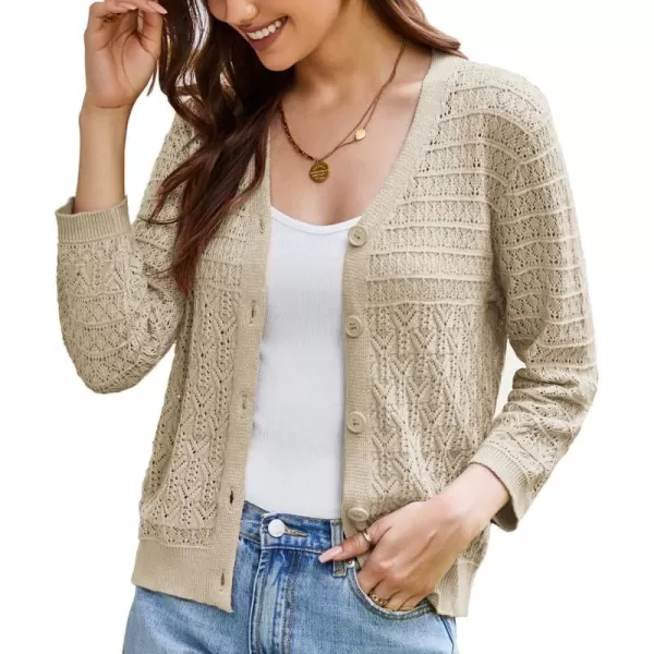 GRACE KARIN 2024 Womens 34 Sleeve Crochet Knit Button Down Cardigan Cropped Shrug Bolero Lightweight Sweaters TopsApricot