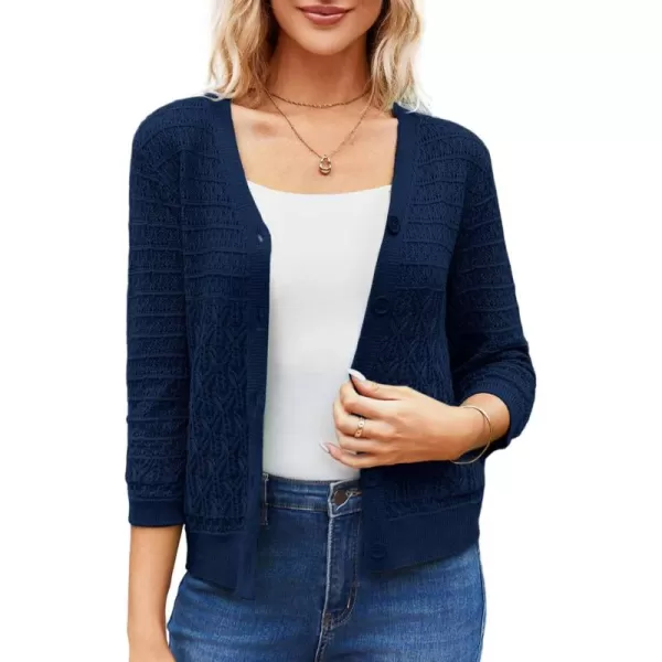 GRACE KARIN 2024 Womens 34 Sleeve Crochet Knit Button Down Cardigan Cropped Shrug Bolero Lightweight Sweaters TopsDark Blue