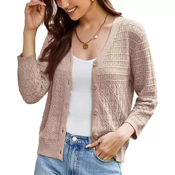 GRACE KARIN 2024 Womens 34 Sleeve Crochet Knit Button Down Cardigan Cropped Shrug Bolero Lightweight Sweaters TopsDeep Apricot