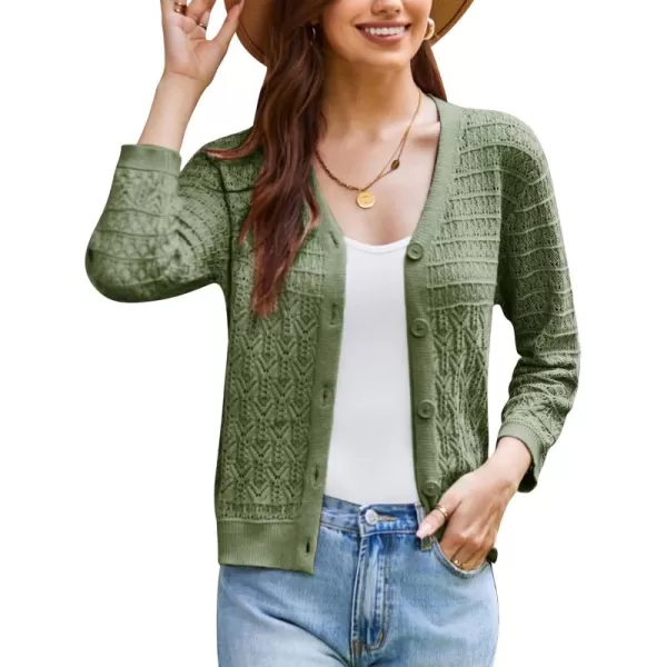 GRACE KARIN 2024 Womens 34 Sleeve Crochet Knit Button Down Cardigan Cropped Shrug Bolero Lightweight Sweaters TopsGreen