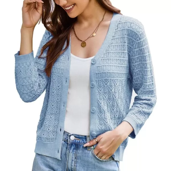 GRACE KARIN 2024 Womens 34 Sleeve Crochet Knit Button Down Cardigan Cropped Shrug Bolero Lightweight Sweaters TopsLight Blue