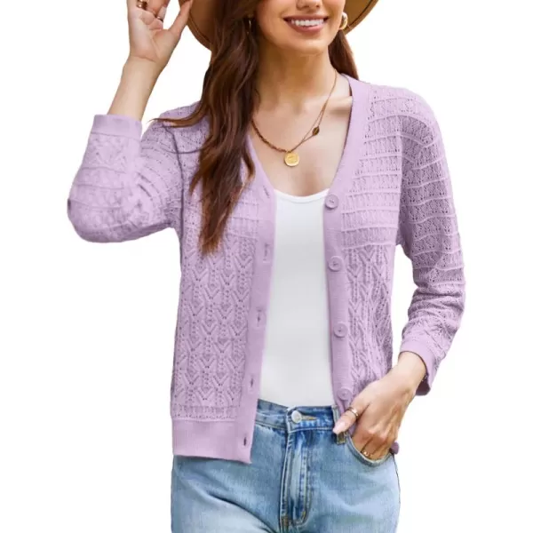 GRACE KARIN 2024 Womens 34 Sleeve Crochet Knit Button Down Cardigan Cropped Shrug Bolero Lightweight Sweaters TopsLilac Purple