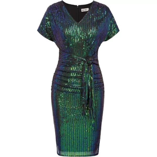 GRACE KARIN 2024 Womens V Neck Ruched Sequin Dress Short Sleeve Tie Midi Cocktail Party Bodycon DressesDark Greensequin