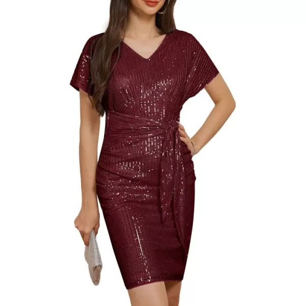 GRACE KARIN 2024 Womens V Neck Ruched Sequin Dress Short Sleeve Tie Midi Cocktail Party Bodycon DressesWine Redsequin