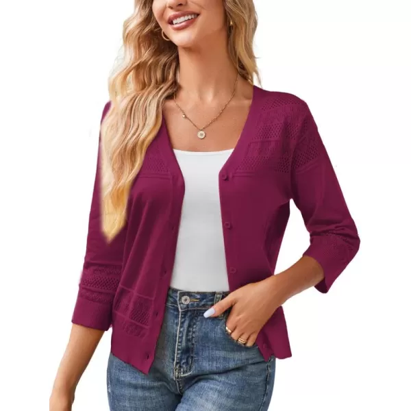 GRACE KARIN Womens 2024 Cropped Cardigan 34 Sleeve Lightweight Crochet Shrug HollowedOut Knit Sweater TopsPurple Red