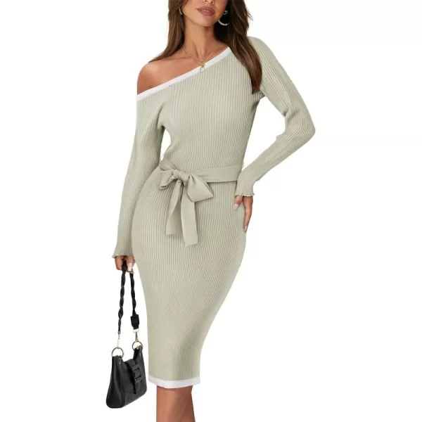 GRACE KARIN Womens 2024 Fall Sweater Dress One Shoulder Long Sleeve Ribbed Knit Tie Waist Casual Bodycon Midi DressesApricot