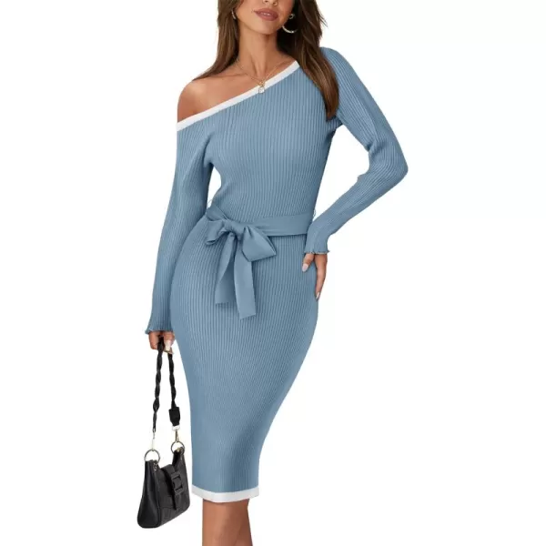 GRACE KARIN Womens 2024 Fall Sweater Dress One Shoulder Long Sleeve Ribbed Knit Tie Waist Casual Bodycon Midi DressesGray Blue