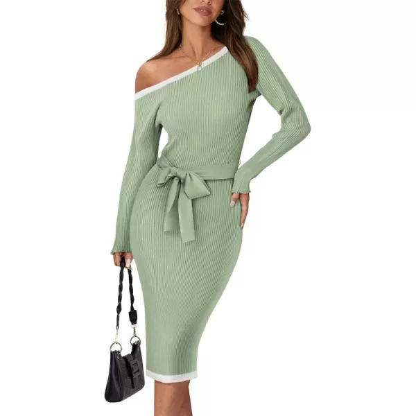 GRACE KARIN Womens 2024 Fall Sweater Dress One Shoulder Long Sleeve Ribbed Knit Tie Waist Casual Bodycon Midi DressesLight Gray Green