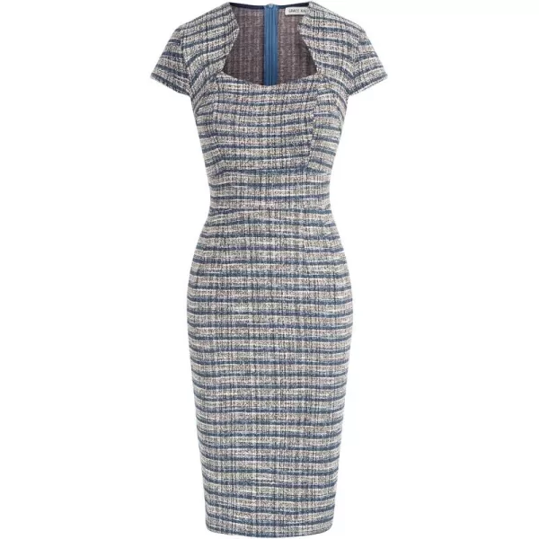 GRACE KARIN Womens Gorgeous Pencil Dress Cap Sleeve Tweed Pencil Dress for WorkTweed Plaidblue