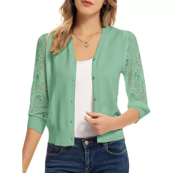 GRACE KARIN Womens Summer Cardigan Lightweight V Neck Lace 34 Sleeve Button Front SweatersLake Green