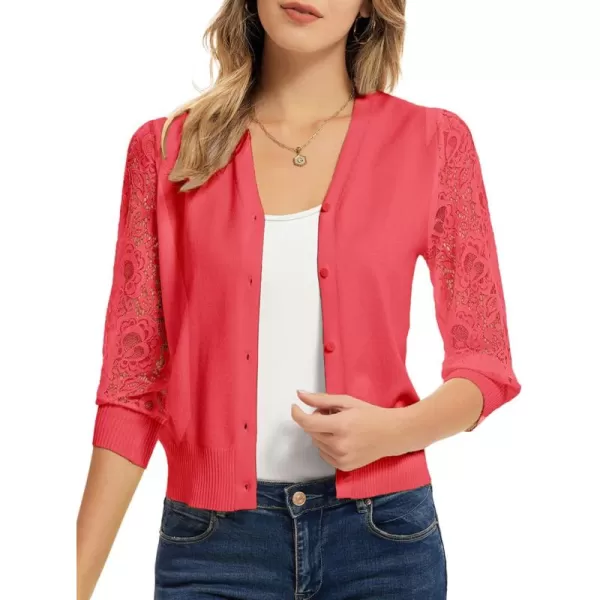 GRACE KARIN Womens Summer Cardigan Lightweight V Neck Lace 34 Sleeve Button Front SweatersWatermelon Red