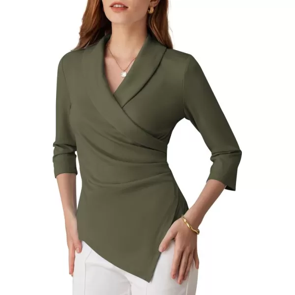 GRACE KARIN Womens V Neck Casual Work Tops 34 Sleeve Office Dressy Blouse Top Asymmetrical Elegant ShirtsArmy Green