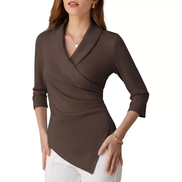 GRACE KARIN Womens V Neck Casual Work Tops 34 Sleeve Office Dressy Blouse Top Asymmetrical Elegant ShirtsBrown