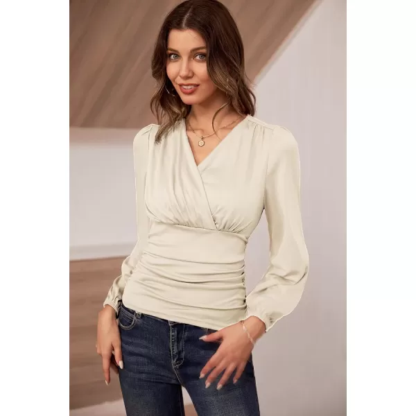 GRACE KARIN 2024 Womens Tops Elegant Wrap Blouse V Neck Work Shirts Fall Fashion Long Sleeve Dressy Casual Ruched TopApricot