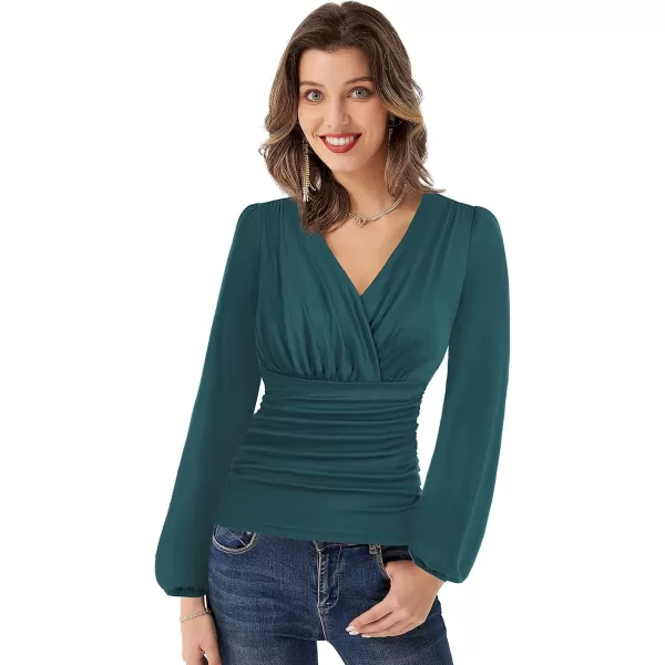 GRACE KARIN 2024 Womens Tops Elegant Wrap Blouse V Neck Work Shirts Fall Fashion Long Sleeve Dressy Casual Ruched TopBlue Green