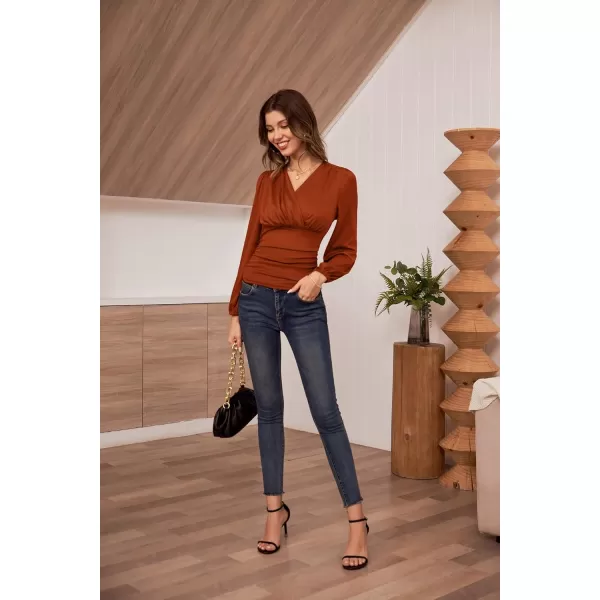 GRACE KARIN 2024 Womens Tops Elegant Wrap Blouse V Neck Work Shirts Fall Fashion Long Sleeve Dressy Casual Ruched TopCaramel