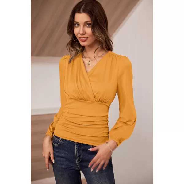 GRACE KARIN 2024 Womens Tops Elegant Wrap Blouse V Neck Work Shirts Fall Fashion Long Sleeve Dressy Casual Ruched TopMustard Yellow